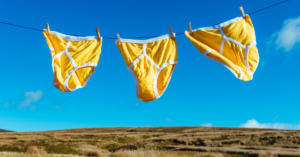 three pairs of yellow undies hanging on an outback line.